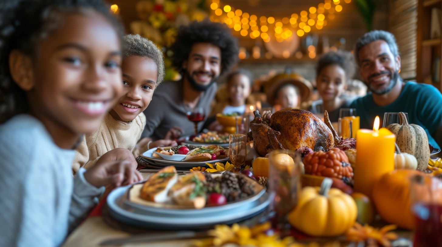 Family smiling around a Thanksgiving dinner table
