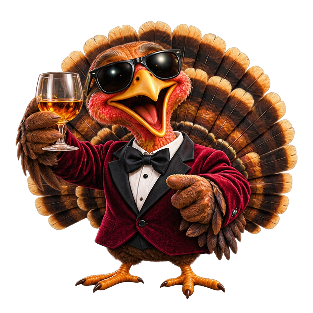 Turkey in a burgundy jacket raising a toast