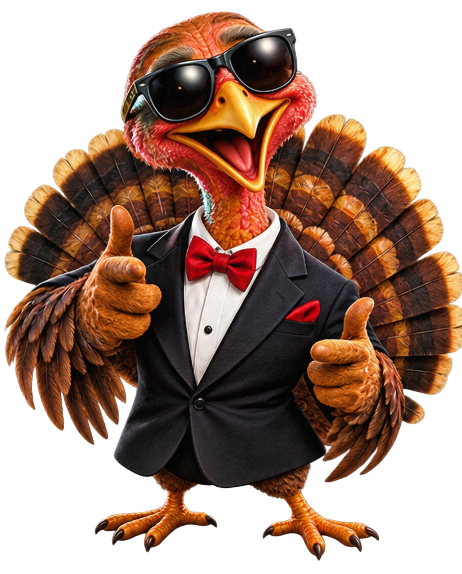 Turkey in a tuxedo giving two thumbs up